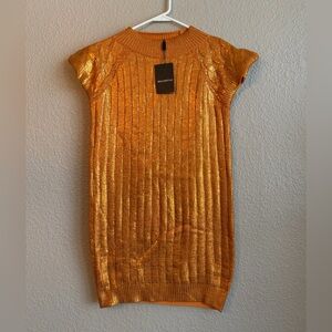 Beulah Style Metallic Orange Ribbed Mini Sweater Dress Size S/M Stretch Retro